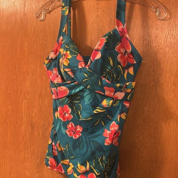 Land’s End V wrap Tankini tankini in Deep turquoise lily palm print underwire 6 - Picture 8 of 12
